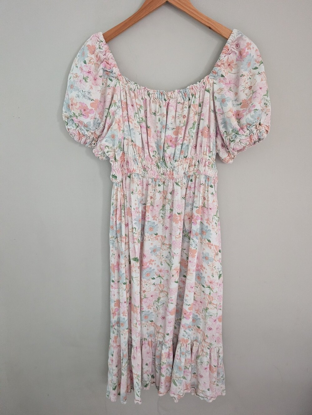 Dizzy Lizzy Pink Floral Smocked Cotton Midi Tiered Dress Size L